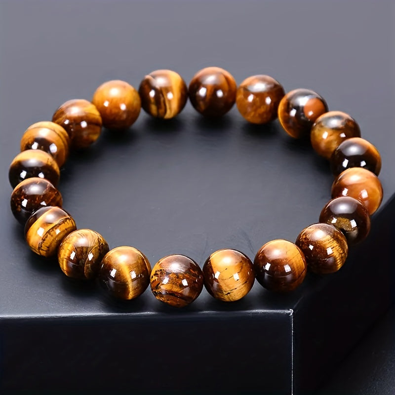 Men's Beaded Bracelet with Artificial Tiger Eye Beads and Adjustable Fit