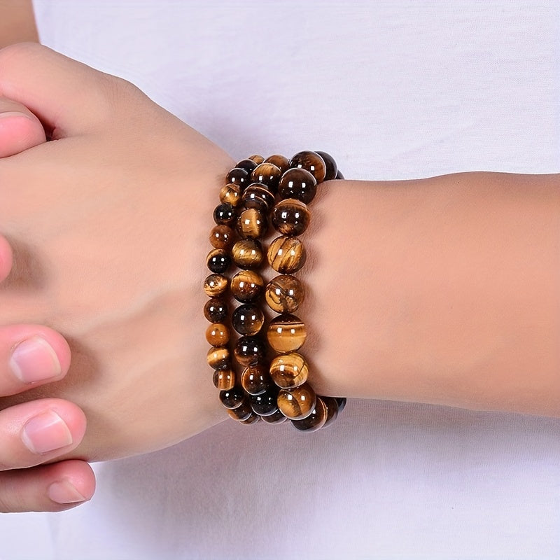 Men's Beaded Bracelet with Artificial Tiger Eye Beads and Adjustable Fit