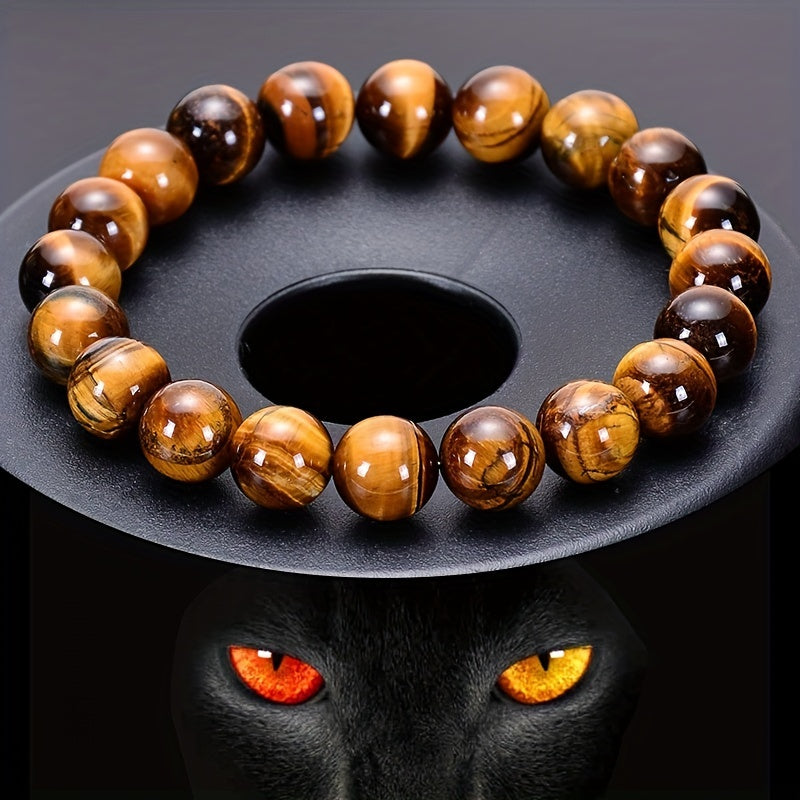 Men's Beaded Bracelet with Artificial Tiger Eye Beads and Adjustable Fit