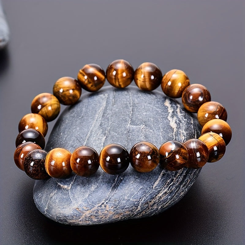 Men's Beaded Bracelet with Artificial Tiger Eye Beads and Adjustable Fit