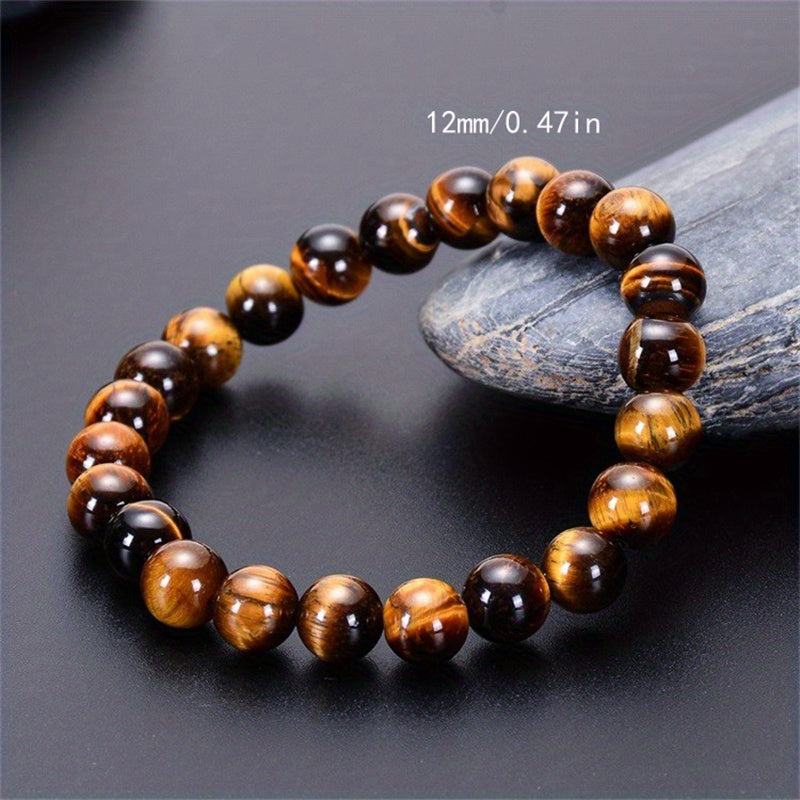 Men's Beaded Bracelet with Artificial Tiger Eye Beads and Adjustable Fit