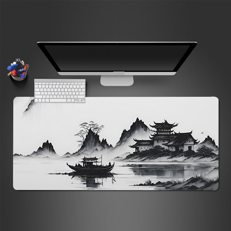Large Gaming Mouse Pad with Landscape Ink Painting Design Natural Rubber Non Slip Desk Mat
