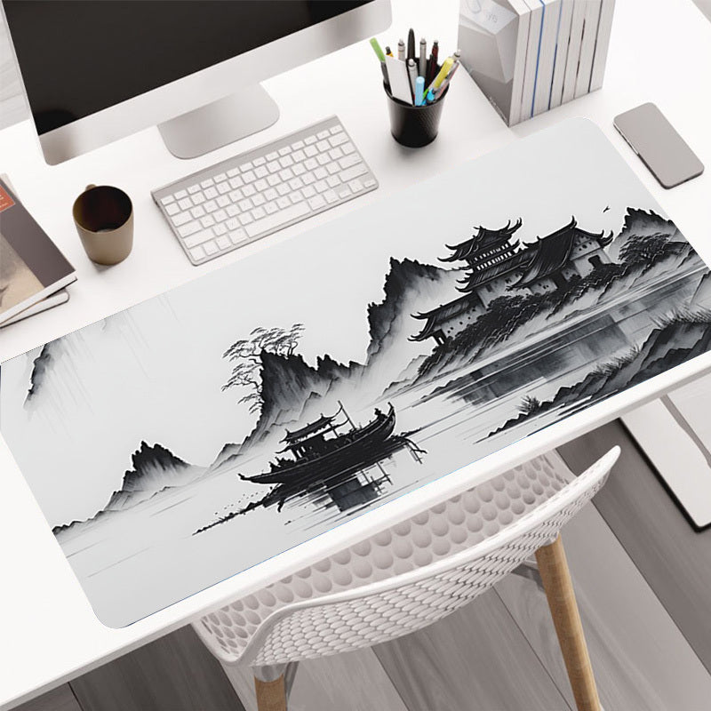 Large Gaming Mouse Pad with Landscape Ink Painting Design Natural Rubber Non Slip Desk Mat