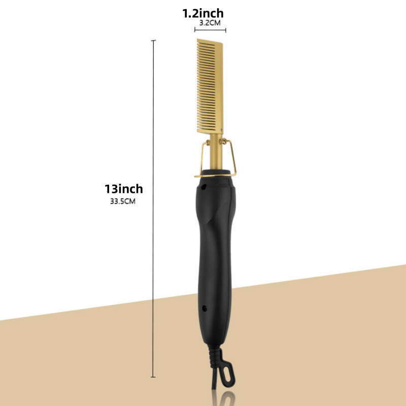 1 dona Ko‘p maqsadli Elektrik issiq tarak, to‘g‘ri va qirqilgan sochlar uchun, doimiy harorat nazorati bilan, quruq va ho‘l uslub uchun, 220-240°C, qora va oltin dizayn, 1.5-2.5m sim.