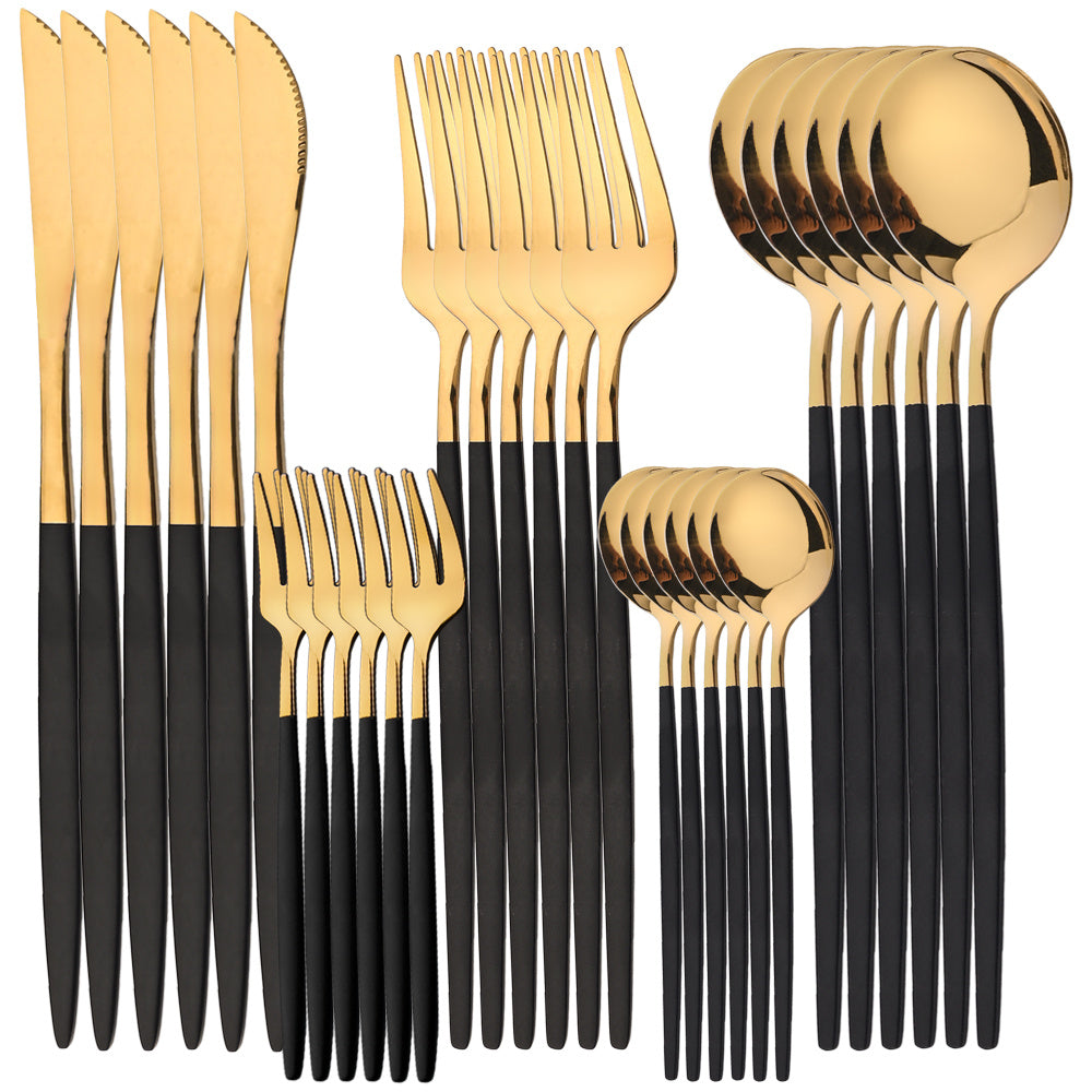 30-Piece Stainless Steel Cutlery Set with Gold and Black Finish Dishwasher Safe