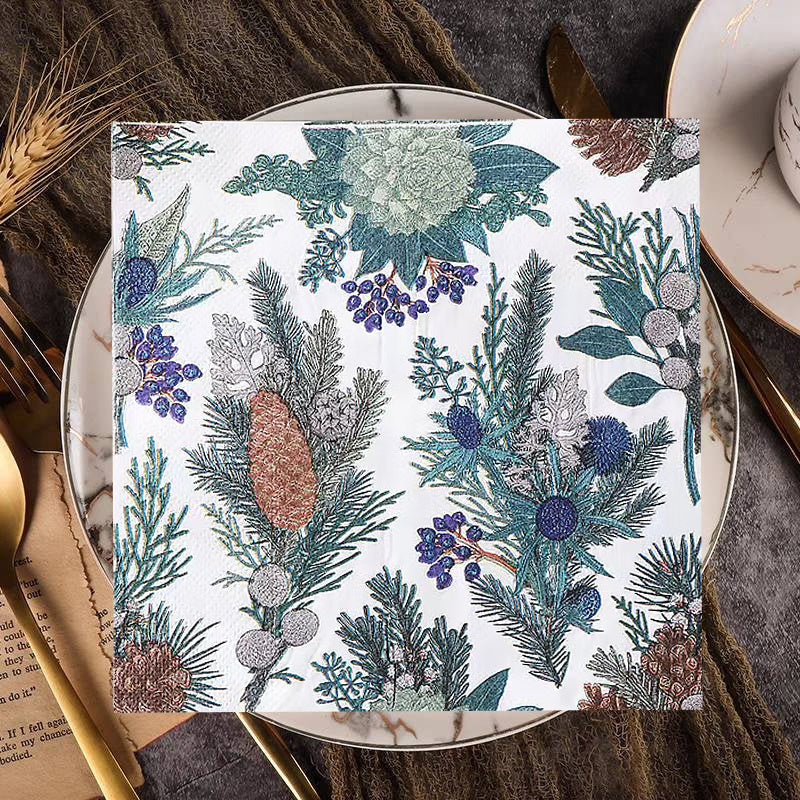 Set of 20 Vintage Napkins with Pine and Wreath Leaves for Holiday and Seasonal Decor