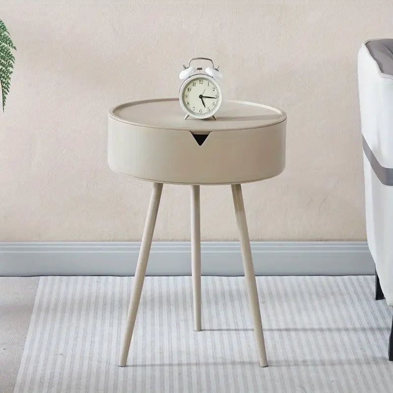 European Cream Round Side Table with Storage and Metal Frame