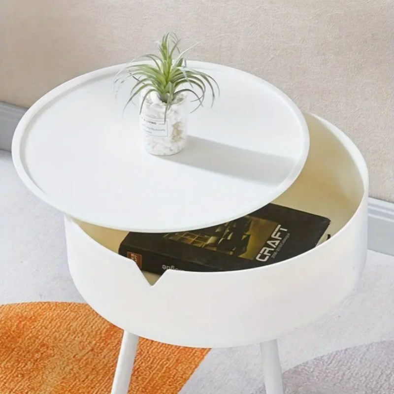 European Cream Round Side Table with Storage and Metal Frame