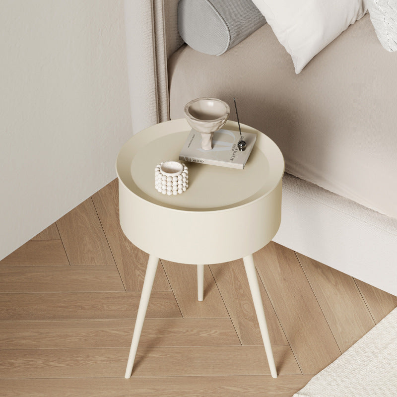 European Cream Round Side Table with Storage and Metal Frame