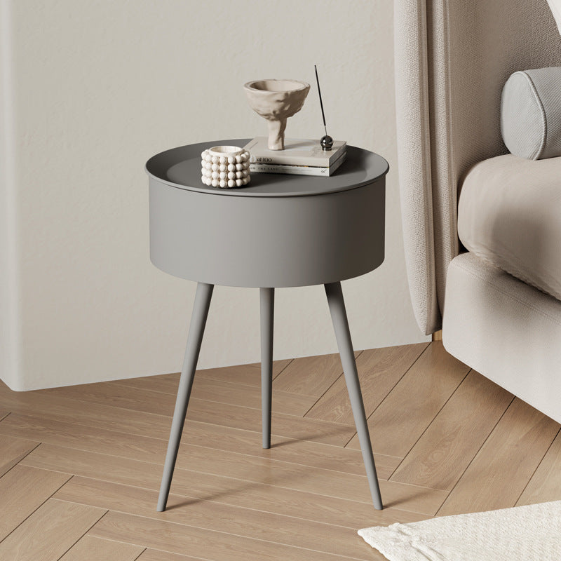 European Cream Round Side Table with Storage and Metal Frame