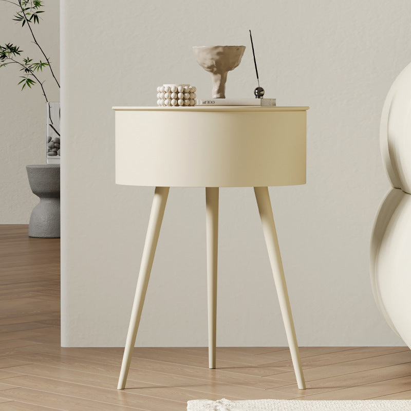 European Cream Round Side Table with Storage and Metal Frame