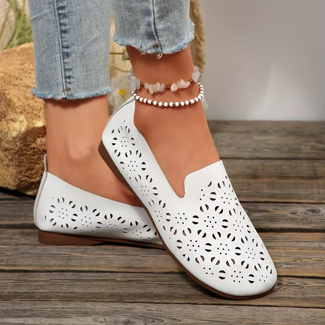 Women's Breathable Slip-On Flats with Cut-Out Design White Casual Shoes