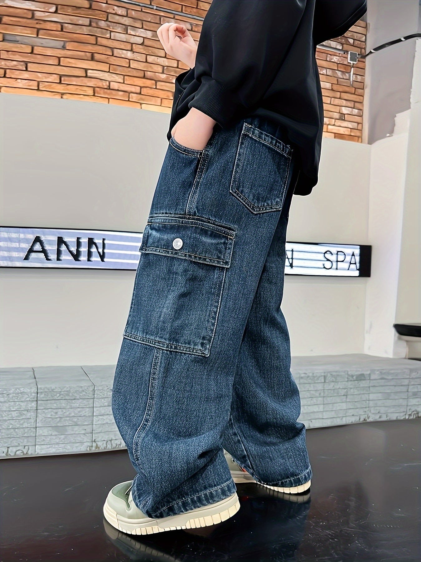 Teen Boys Cargo Pants with Elastic Waist Denim Long Length Casual Streetwear
