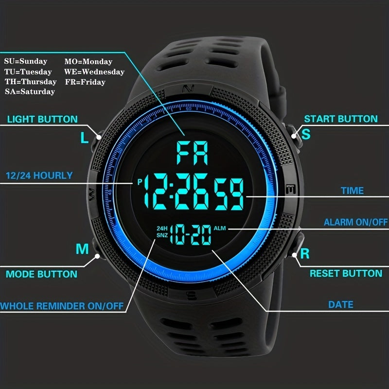 Men Women Digital Sports Watch Large Dial Lighting Display TPU Band
