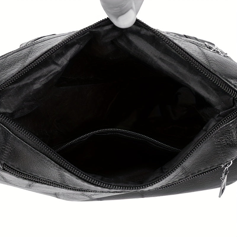 Women's Black Geometric Pattern PU Messenger Bag with Foldable Design and Zipper Closure