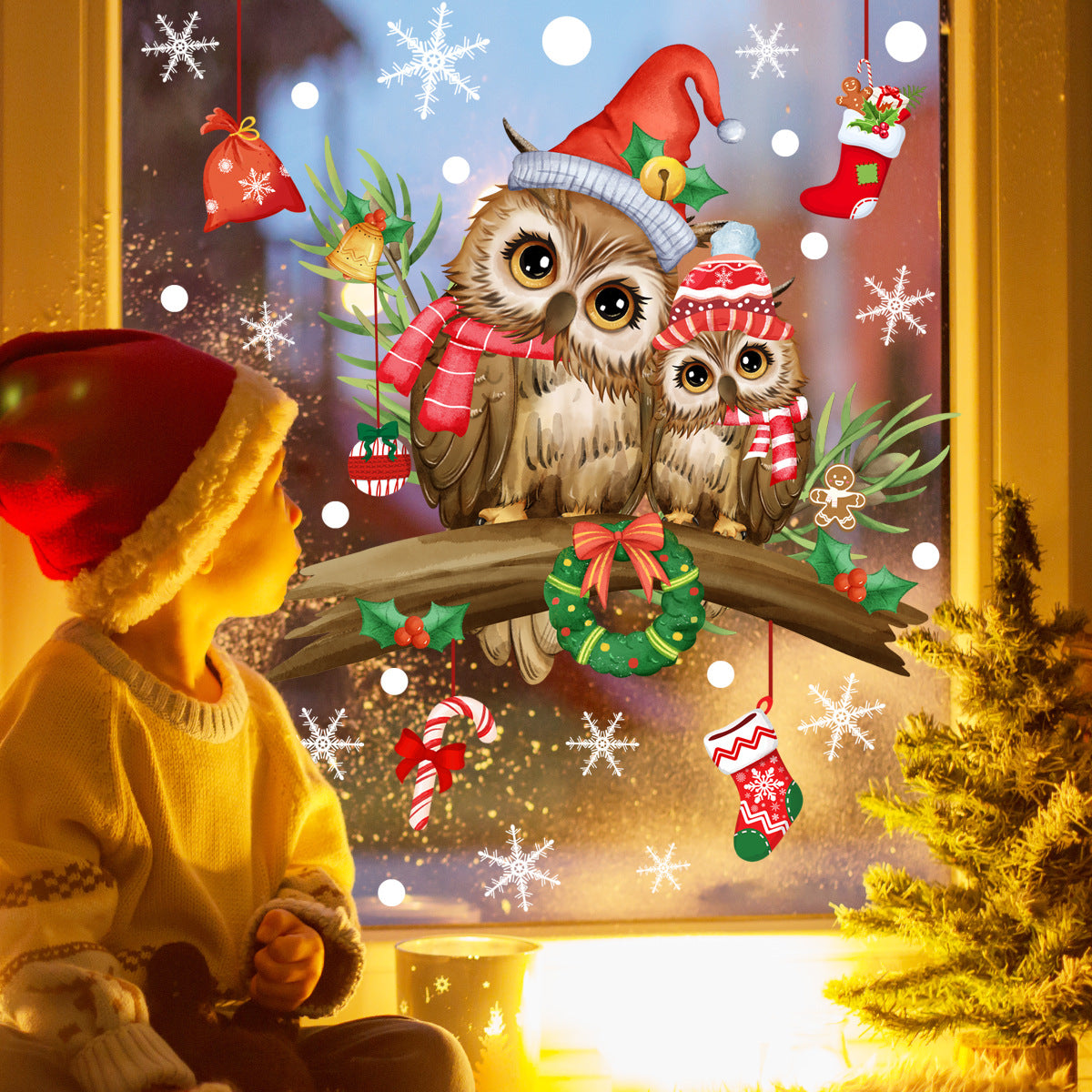 Christmas Glass Window Sticker Cartoon Owl Snowflake Removable Decor for Home and Shop