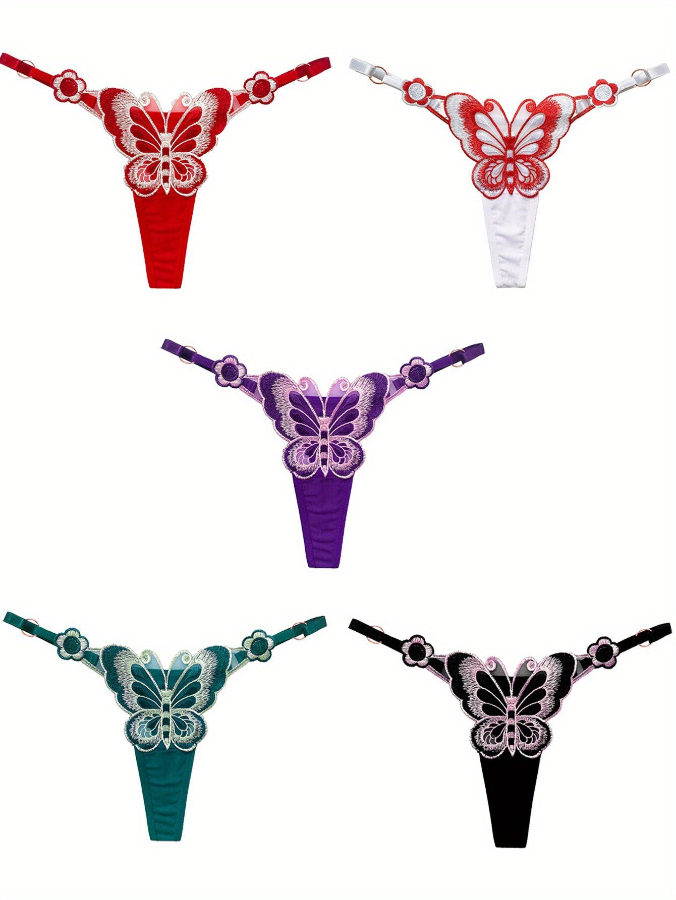 Pack de cinco tangas de mujer con bordado de mariposa, estilo V-String, ajustables, de punto de nylon y lencería