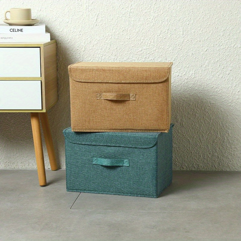 Foldable Storage Box with Lid for Toys Snacks Cosmetics and Car Supplies Faux Linen Washable Available in Four Colors