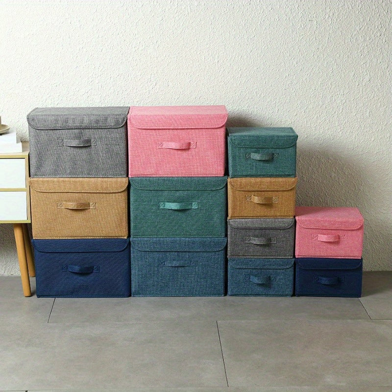 Foldable Storage Box with Lid for Toys Snacks Cosmetics and Car Supplies Faux Linen Washable Available in Four Colors