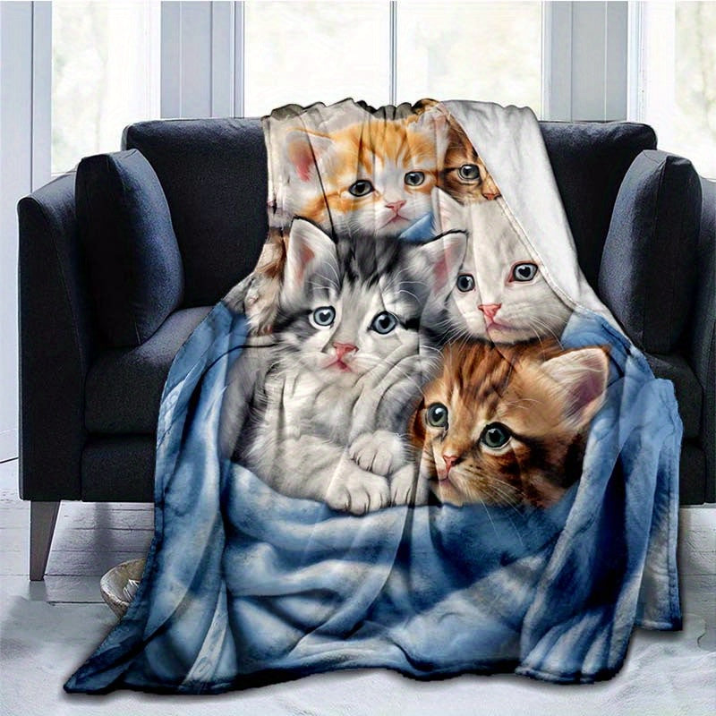 Cute Cat Flannel Blanket Lightweight Throw for Sofa Bed Travel Camping Living Room Office