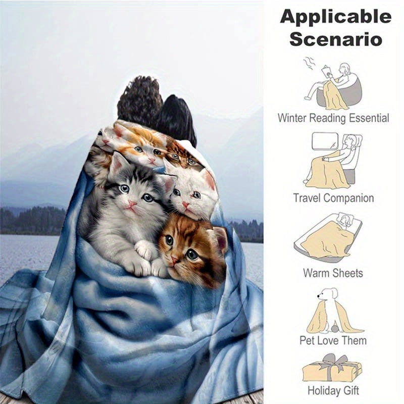 Cute Cat Flannel Blanket Lightweight Throw for Sofa Bed Travel Camping Living Room Office