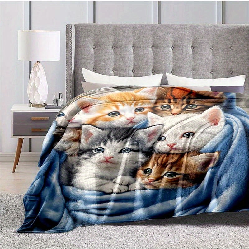 Cute Cat Flannel Blanket Lightweight Throw for Sofa Bed Travel Camping Living Room Office