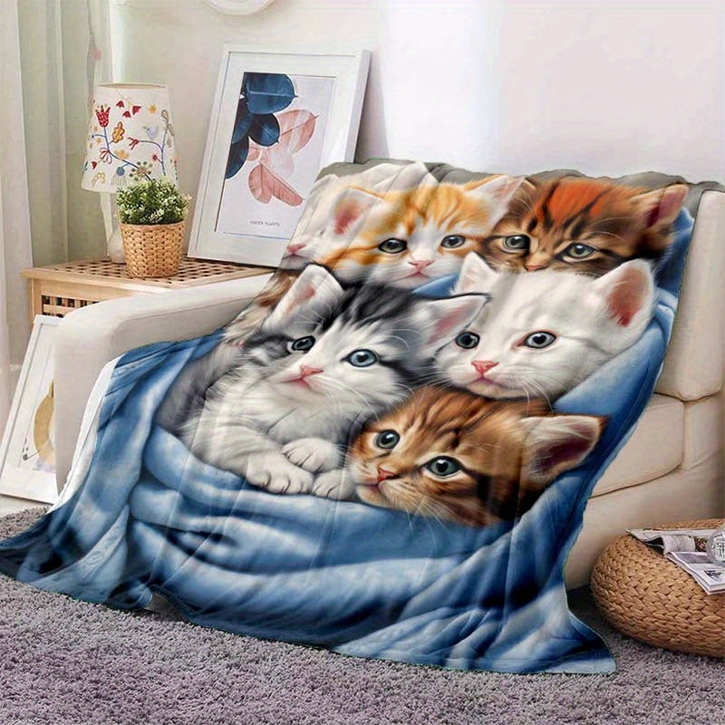 Cute Cat Flannel Blanket Lightweight Throw for Sofa Bed Travel Camping Living Room Office