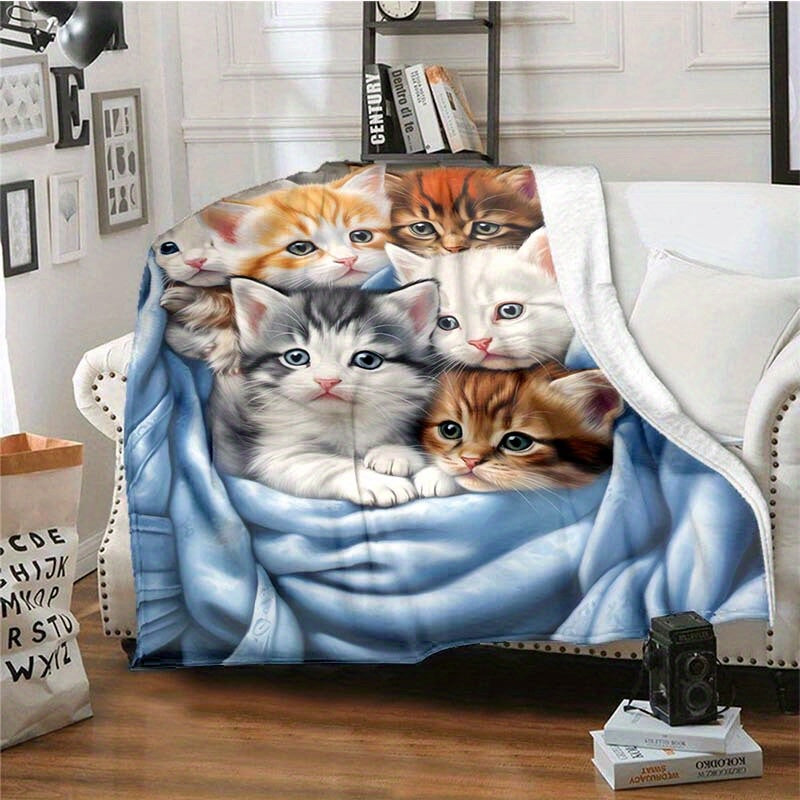Cute Cat Flannel Blanket Lightweight Throw for Sofa Bed Travel Camping Living Room Office