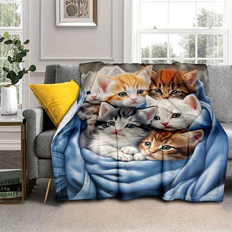 Cute Cat Flannel Blanket Lightweight Throw for Sofa Bed Travel Camping Living Room Office
