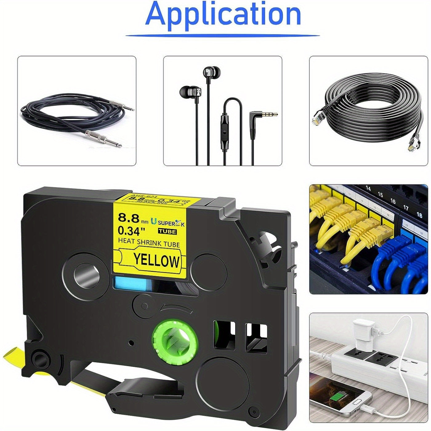 Heat Shrink Tubing Label for Wire Cable Black on Yellow 11.7mm 1.5m