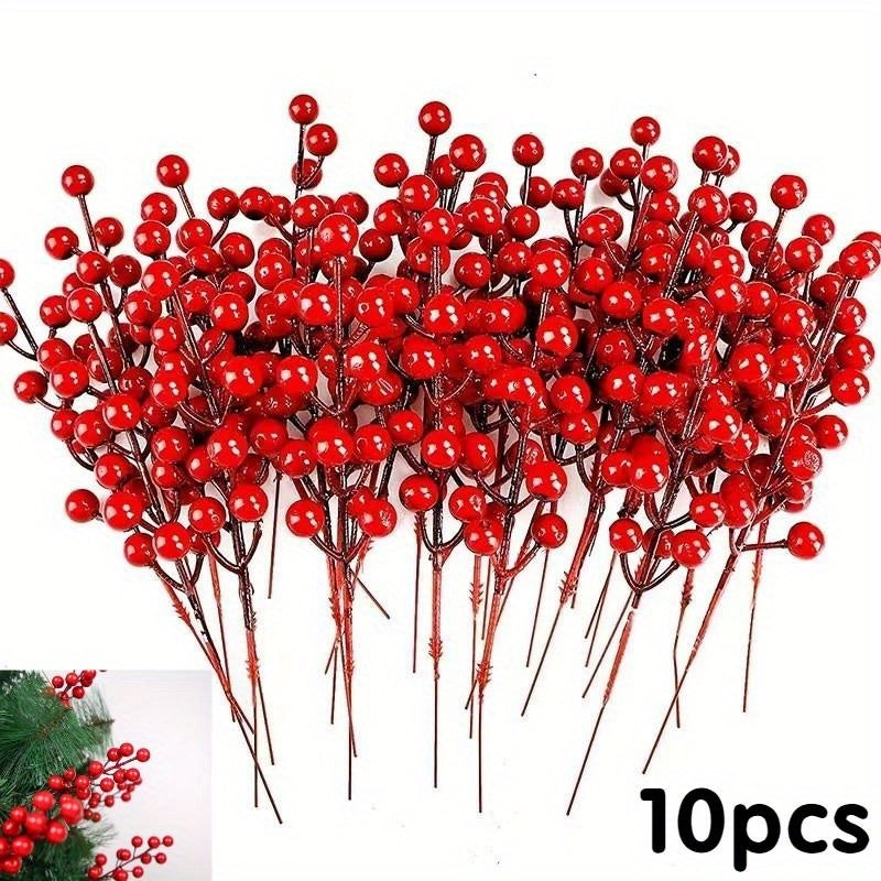 10 Pieces Red Berry Picks Artificial Cherry Branches with Green Leaves for Holiday Decor