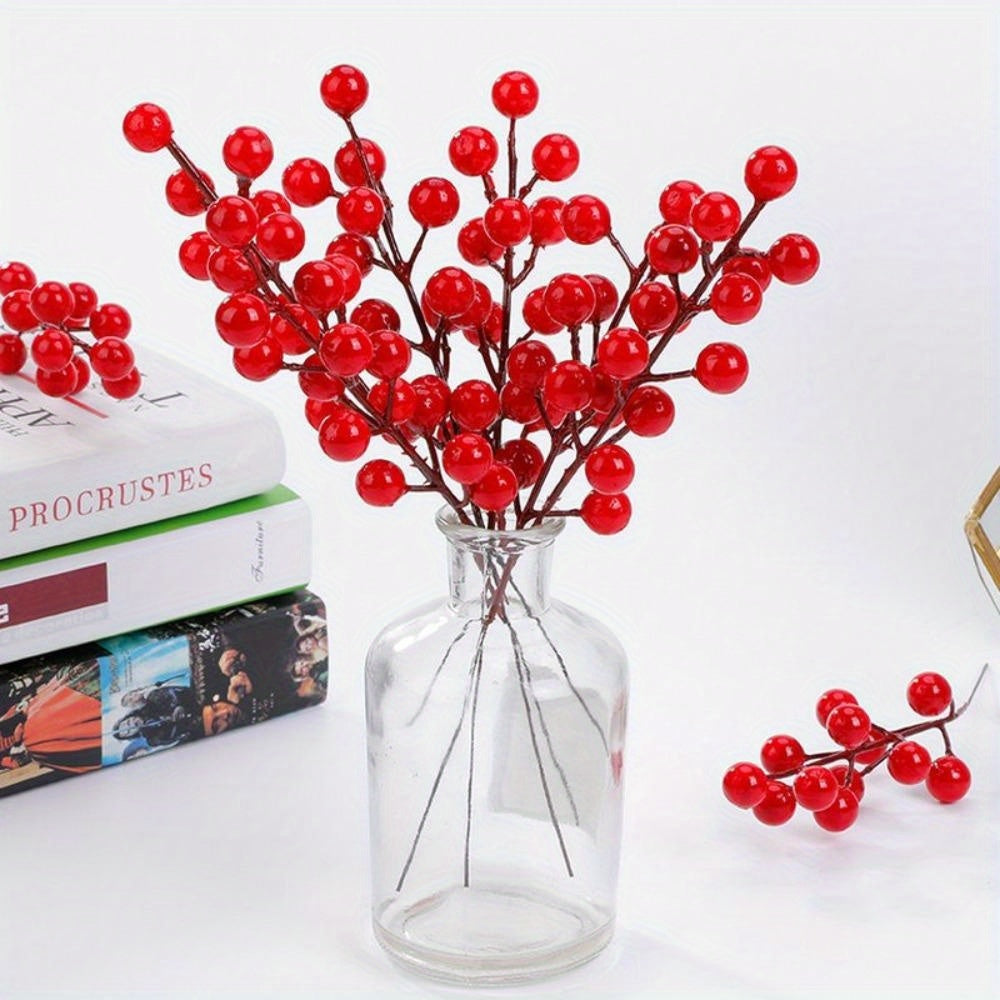 10 Pieces Red Berry Picks Artificial Cherry Branches with Green Leaves for Holiday Decor