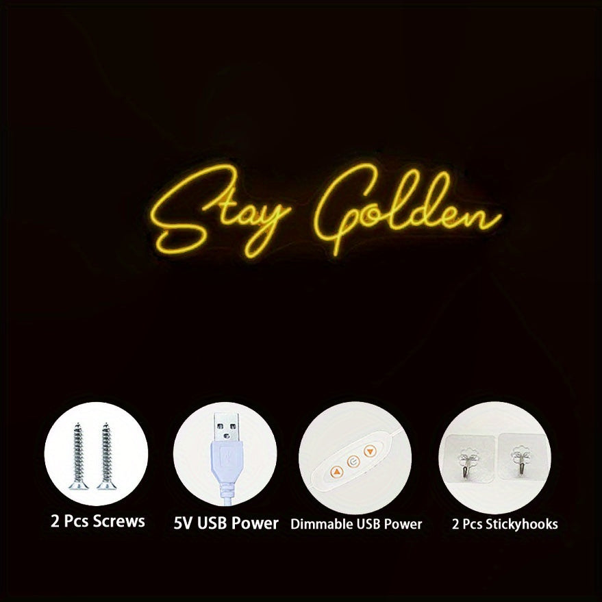 "Devorga osib qo'yish uchun Stay Golden Neon Sign LED chiroq, yotoqxona, ofis, mehmonxona bezatish uchun USB quvvatlanadi. Tug'ilgan kun yoki Rojdestvo uchun yotoqxona, klub, garaj uchun mukammal sovg'a."