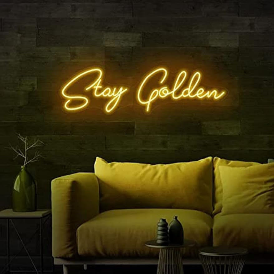 "Devorga osib qo'yish uchun Stay Golden Neon Sign LED chiroq, yotoqxona, ofis, mehmonxona bezatish uchun USB quvvatlanadi. Tug'ilgan kun yoki Rojdestvo uchun yotoqxona, klub, garaj uchun mukammal sovg'a."