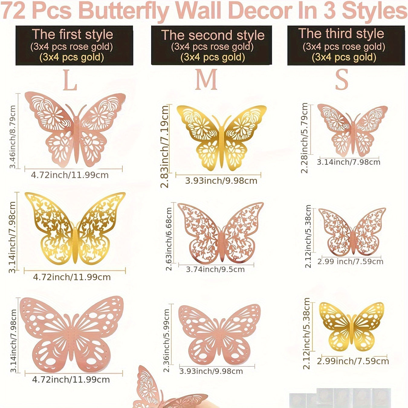 Golden and Rose Glitter 3D Butterfly Wall Stickers for Wedding Birthday Girls Bedroom Reusable Self-Adhesive