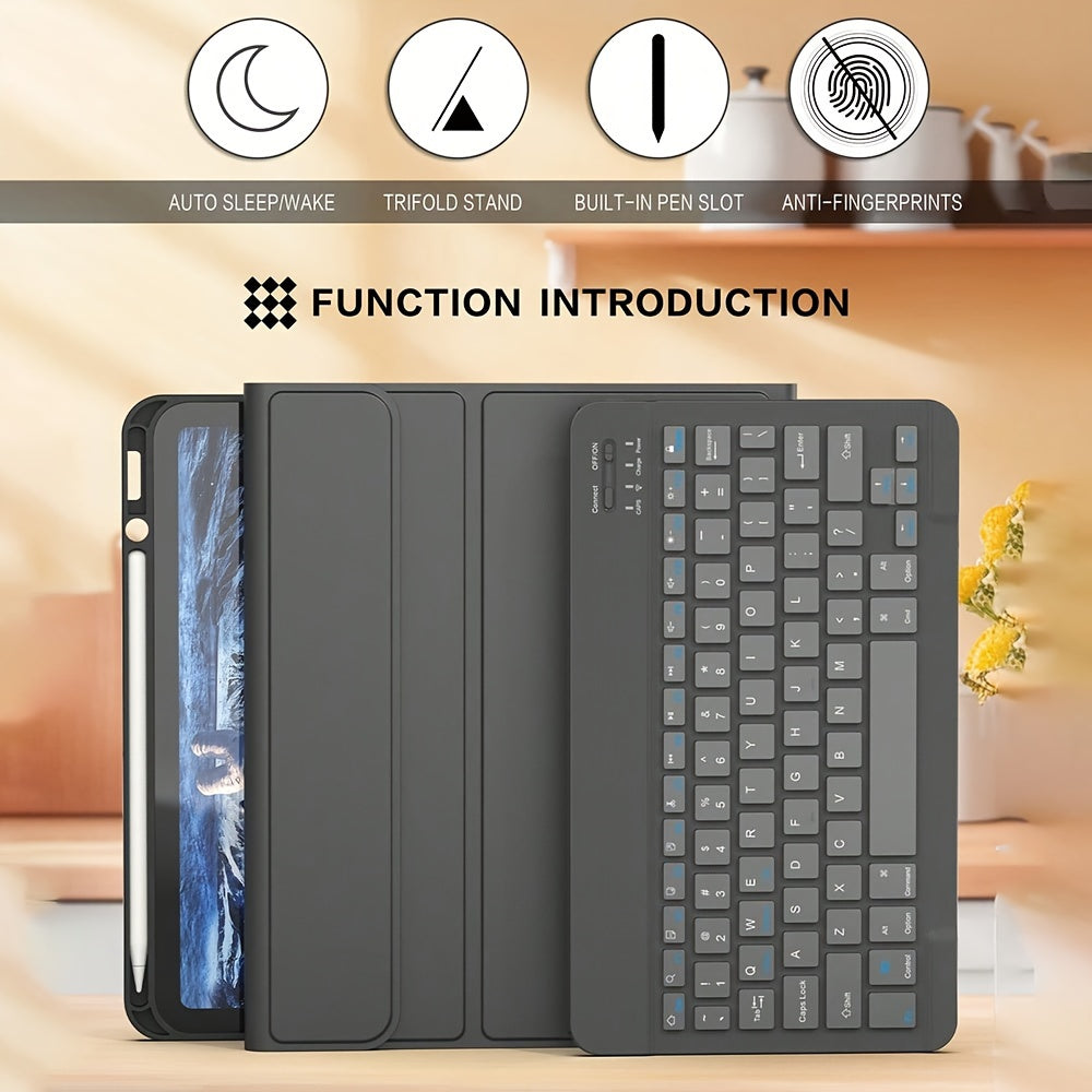 10th Gen iPad PU Leather Case with Wireless Keyboard Pen Holder Sleep Wake Stand Type-C Charging Black