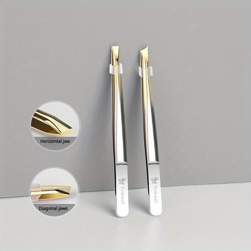 Unisex Stainless Steel Tweezer Set for Hair and Eyebrows, Horizontal or Diagonal Jaws
