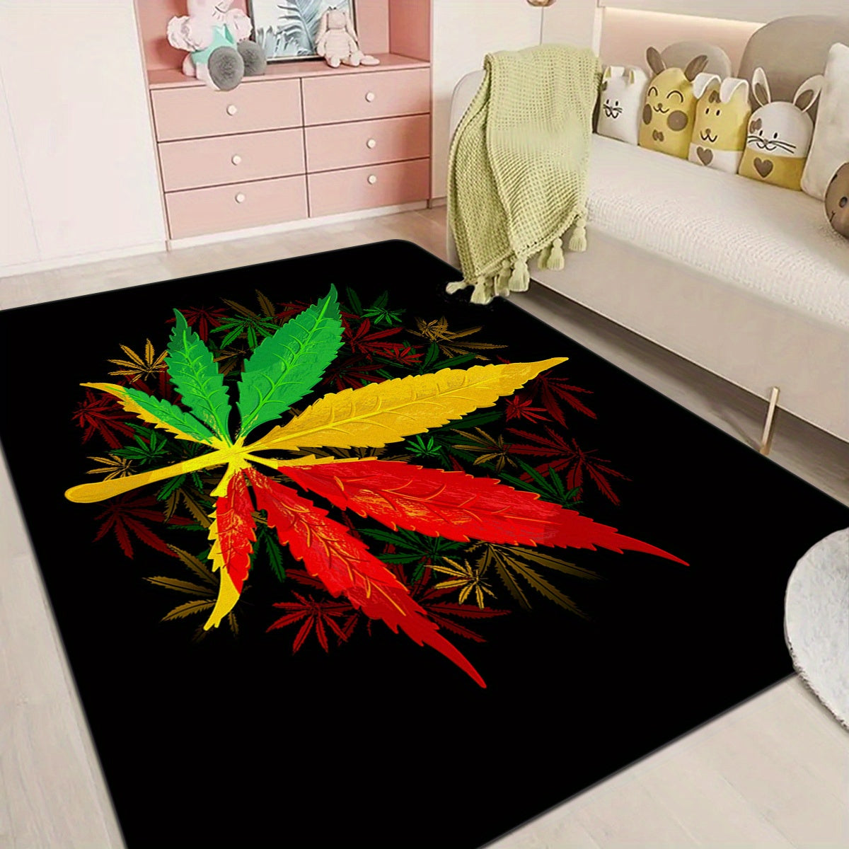 Alfombra de área con estampado de hoja psicodélica, suave y peluda, resistente a manchas, antideslizante, decoración para dormitorio