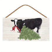Cartel de pared navideño de madera con vaca y árbol para decoración de granja