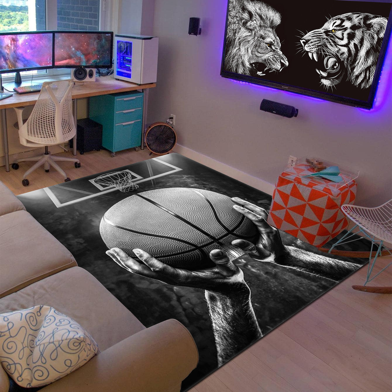 Basketball Dream Art Printed Floor Rug, Washable, Anti-Slip, Indoor Outdoor