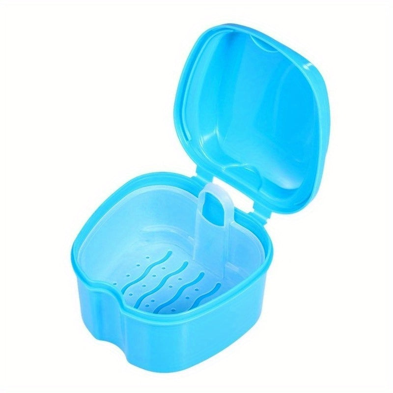 Denture Care Kit with Hanging Net Container for Cleaning False Teeth Blue Plastic