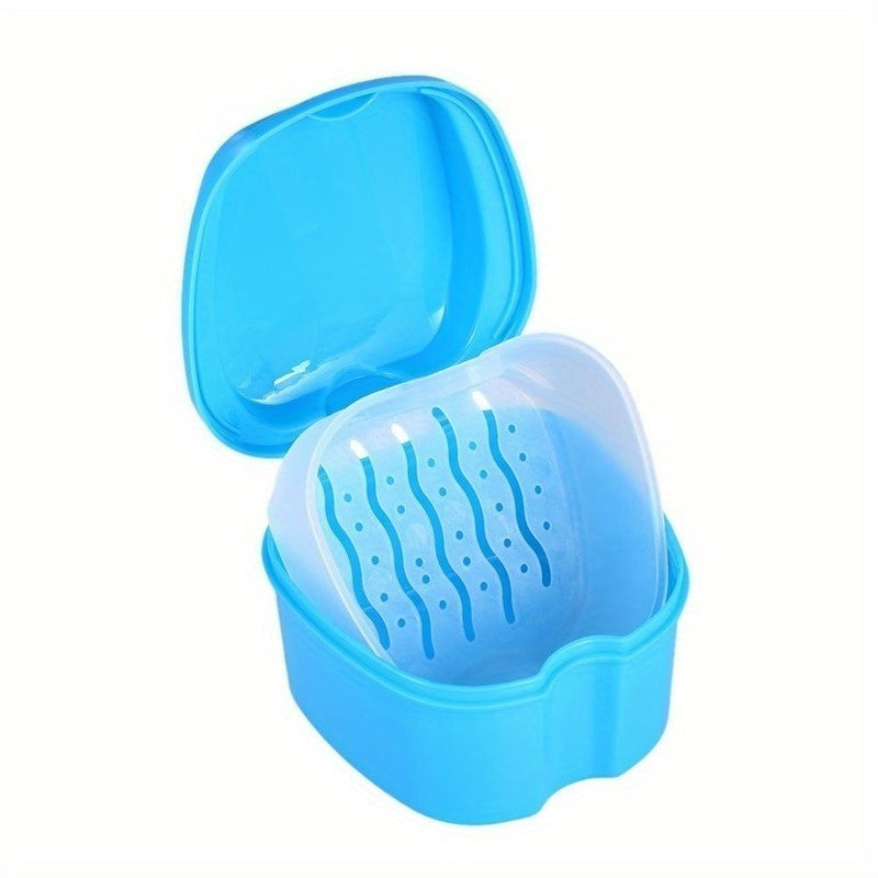 Denture Care Kit with Hanging Net Container for Cleaning False Teeth Blue Plastic