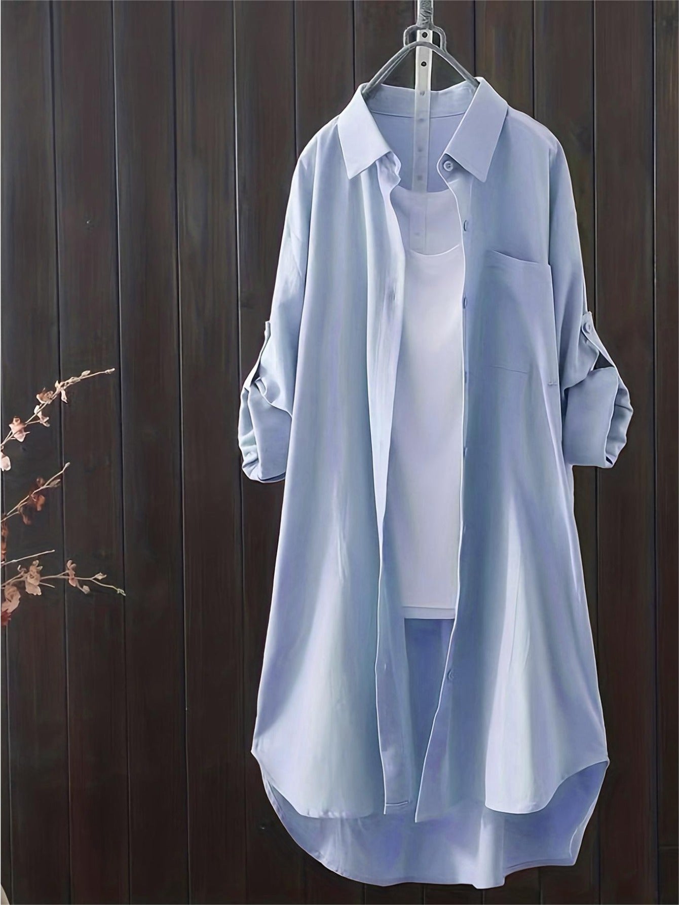 Блузка женская большого размера из полиэстера однотонная с пуговицами, воротником-отложным и рукавами