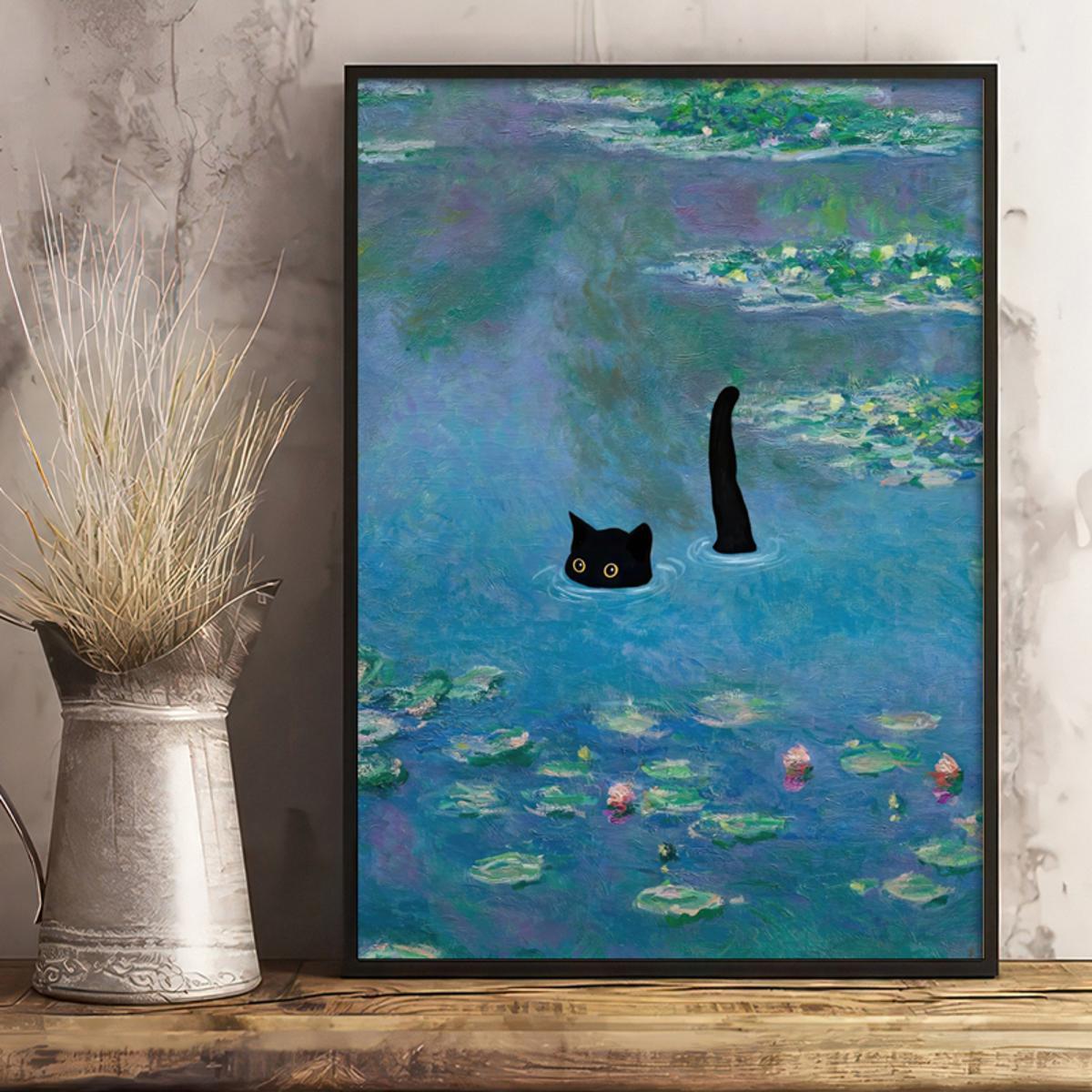 Vintage Floral Black Cat Canvas Wall Art Frameless for Living Room Bedroom Decor