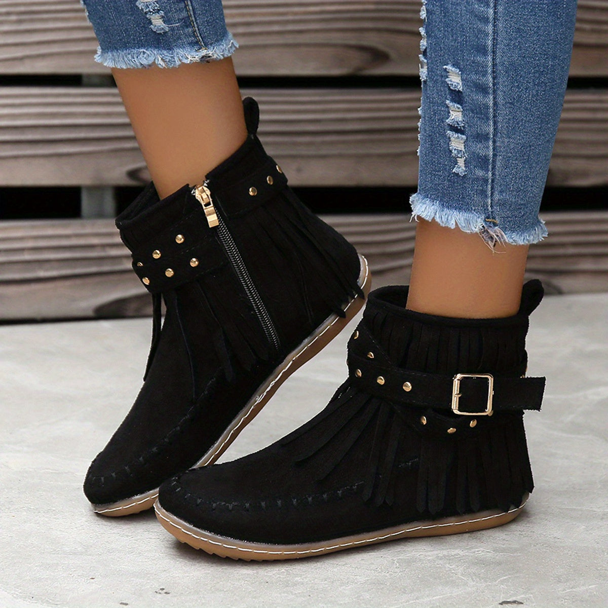 Women's Tassel Decor Short Boots Casual Ankle Boots Side Zipper Black
