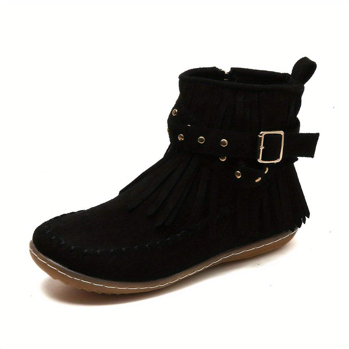 Women's Tassel Decor Short Boots Casual Ankle Boots Side Zipper Black