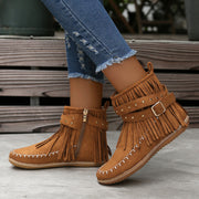 Women's Tassel Ankle Boots Retro Solid Color Flat Shoes Casual Side Zipper