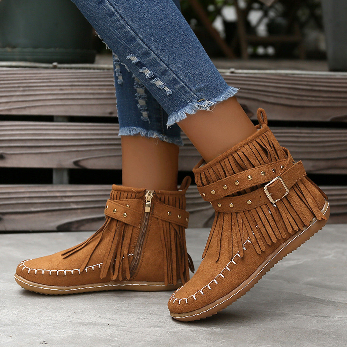 Women's Tassel Ankle Boots Retro Solid Color Flat Shoes Casual Side Zipper