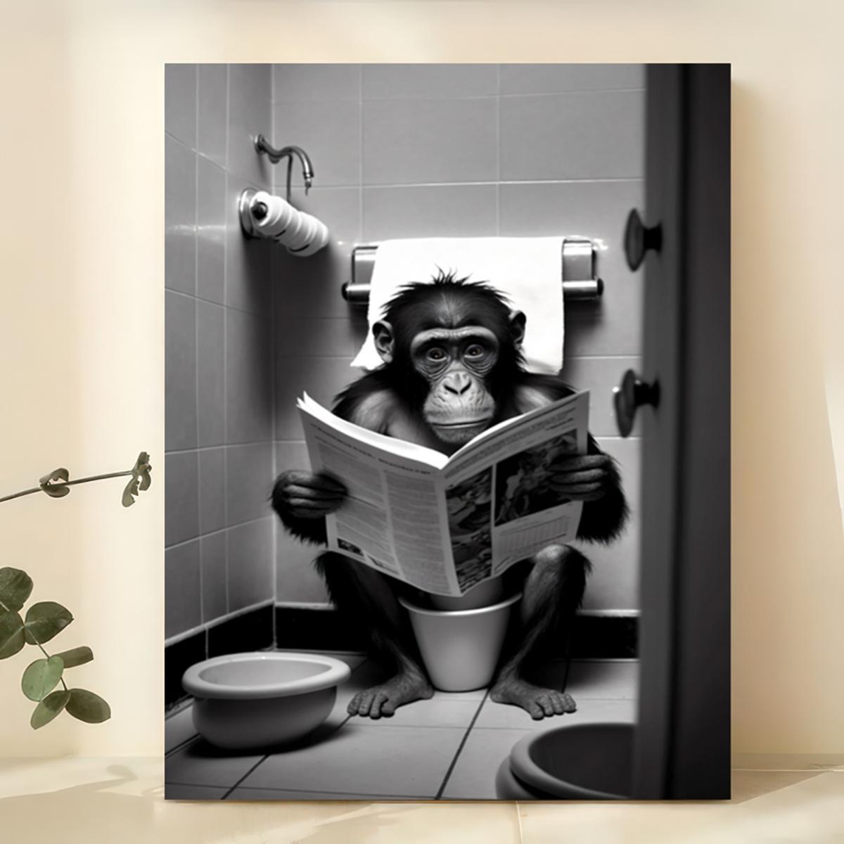 Frameless Canvas Wall Art Featuring Humorous Gorilla in Bathroom Cartoon Style for Home Decor
