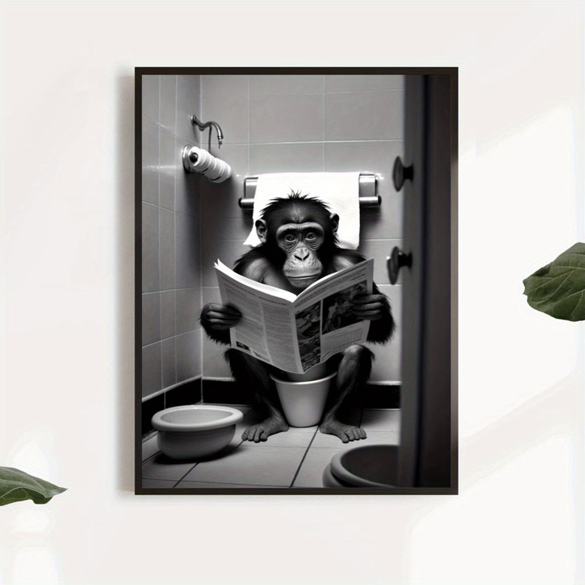 Frameless Canvas Wall Art Featuring Humorous Gorilla in Bathroom Cartoon Style for Home Decor